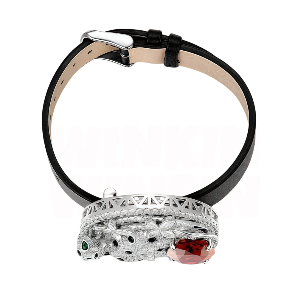 Winkin Winsin Luxury 925 Sterling Silver Leopard Bangle Bracelets Corundum Gemstones Ruby Bracelet Leather Belt Bangles Jewelry