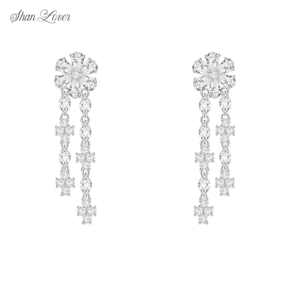 ShanLover Brand Diamond Flower Tassel Pendant Zircon Drop Earrings for Women 925 Sterling Silver 5A Level Luxury Jewelry
