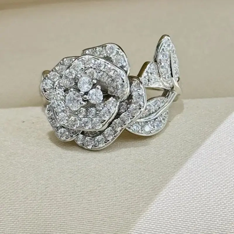 Winkin Winsin Camellia Leaf Inlaid Full-diamond Ring 925 Sterling Silver  Lab Grown High Carbon Diamond Zircon Women Ring