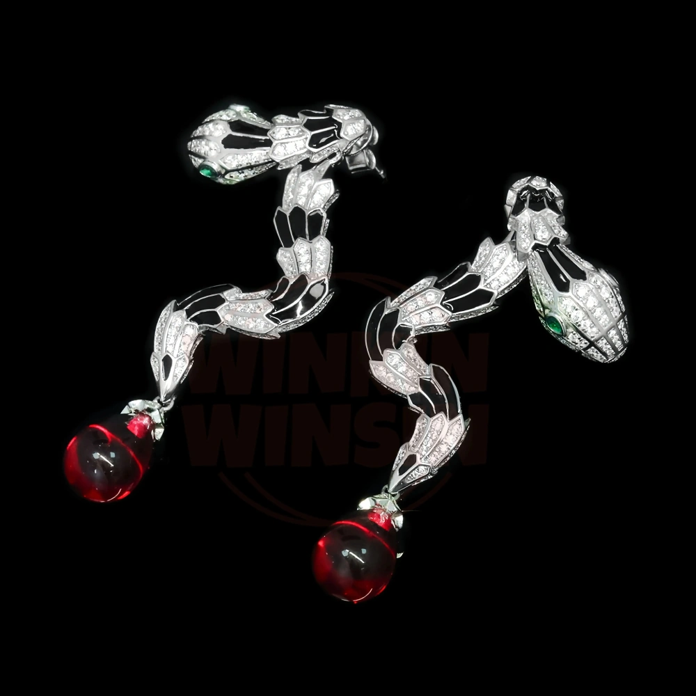 Winkin Winsin Top Luxury 925 Sterling Silver Stud Earrings For Women Snake Earrings Pigeon Blood Gemstones Drop Earrings Jewelry