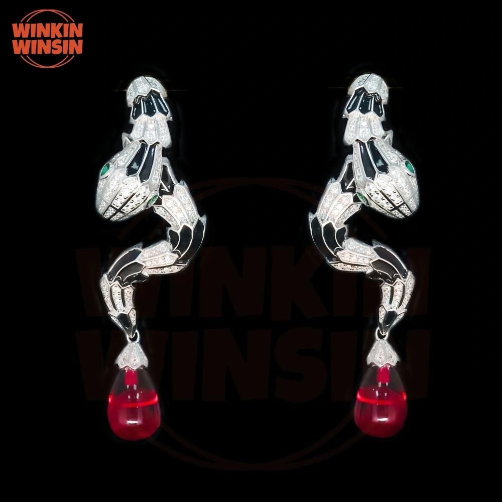 Winkin Winsin Top Luxury 925 Sterling Silver Stud Earrings For Women Snake Earrings Pigeon Blood Gemstones Drop Earrings Jewelry