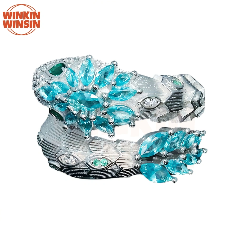 Winkin Winsin Luxury Brand Blue Aquamarine Gemstones Snake Rings For Women 925 Sterling Silver Ring s925 Pure Silver Jewelry