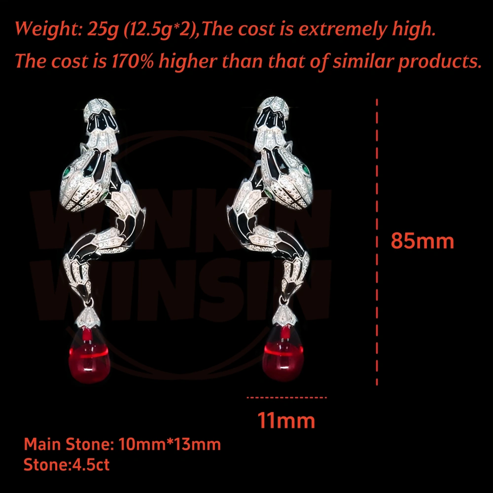 Winkin Winsin Top Luxury 925 Sterling Silver Stud Earrings For Women Snake Earrings Pigeon Blood Gemstones Drop Earrings Jewelry