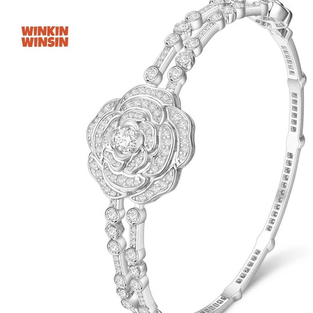WINKIN WINSIN Brand MST 925 Sterling Silver Bracelet High Carbon Diamond Camellia Party Bangle Bracelet Jewelry
