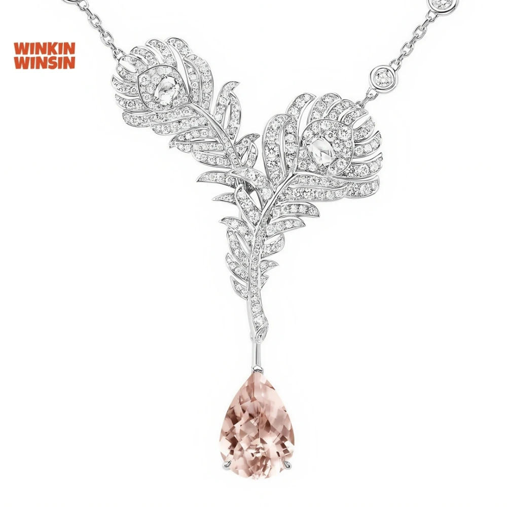 WINKIN WINSIN Brand Women 925 Sterling Silver Necklaces Pendants High Carbon Diamond Gemstones Feather Necklace Pendant Jewelry