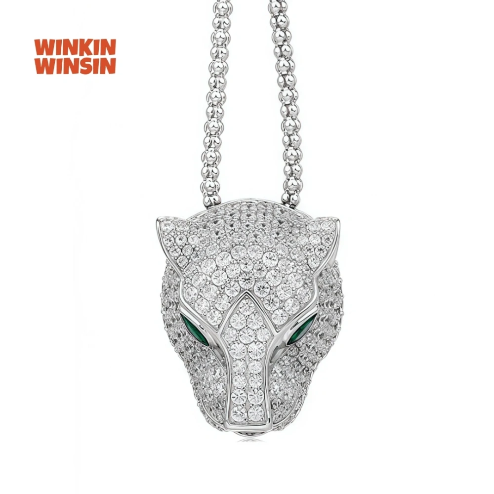 WINKIN WINSIN Brand MST High Carbon Diamond Cheetah Leopard Face Drop Pendant Necklaces 925 Sterling Silver Necklaces Jewelry