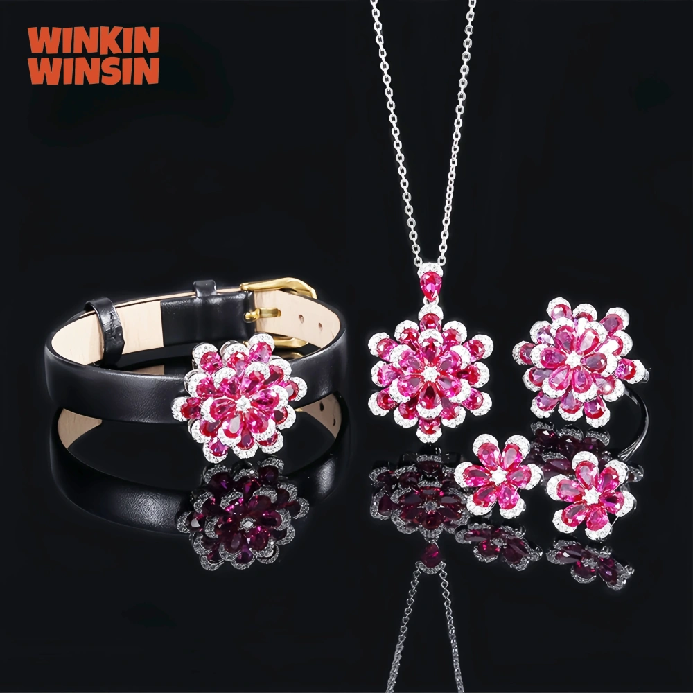 WINKIN WINSIN Brand Real 925 Sterling Silver Jewelry Set Red Gemstones Pendant Necklace Rings Bangle Bracelets Stud Earrings