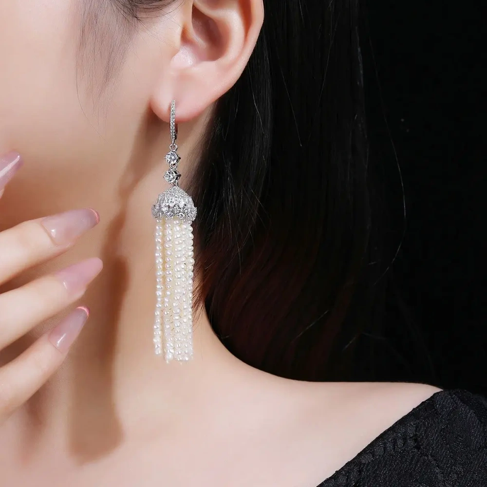 Winkin Winsin Brand MST Top Quality 925 Sterling Silver Natural Freshwater Pearl Tassel Stud Drop Earrings For Women Jewelry