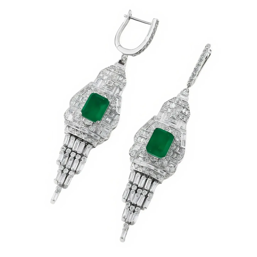 Winkin Winsin Brand MST 925 Sterling Silver Tassel Stud Drop Earrings For Women Emerald Gemstones Pendant Earrings Jewelry