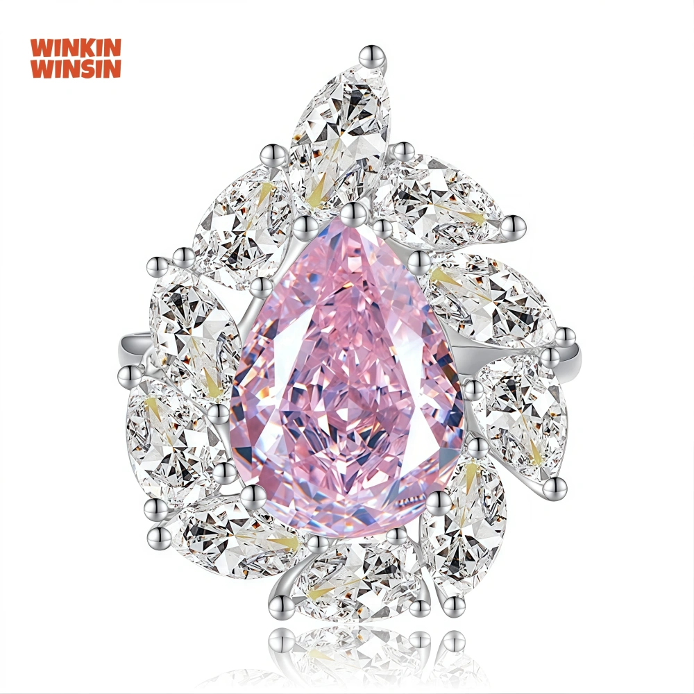 WINKIN WINSIN Brand MST 925 Sterling Silver Fashion 12.8 ct Artificial Gemstone High Carbon Diamond Water Droplet Ring Jewelry