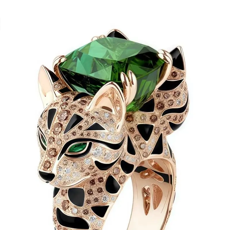 WINKIN WINSIN Brand 925 Sterling Silver Gold Plated Ring with High Carbon Diamond Double Headed Leopard Cat Wood Sasa Green Ring