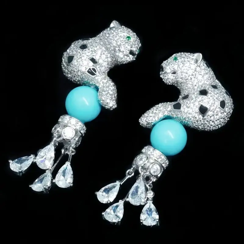 WinkinWinsin Brand s 925 Sterling Silver Leopard Earrings Carbon Diamond Blue Turquoise Gemstones Tassel Drop Earrings Jewelry