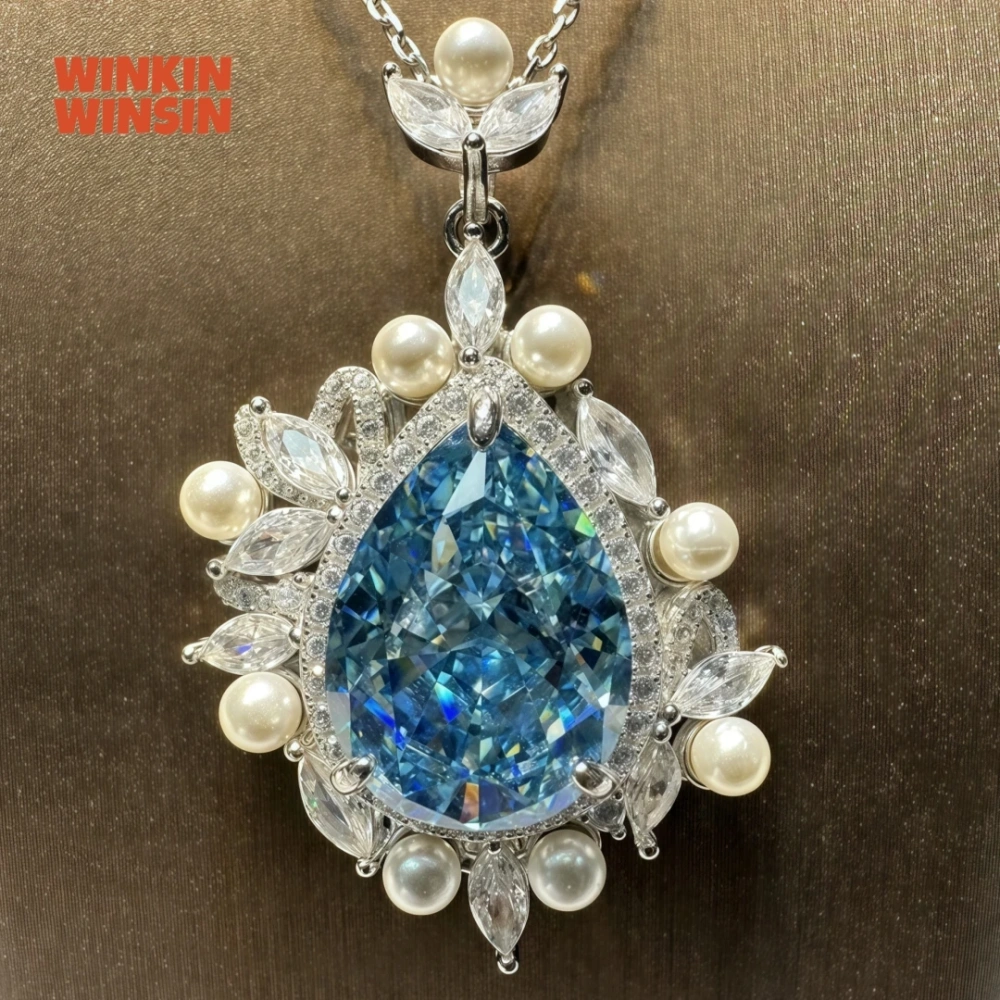 WINKIN WINSIN Brand MST 14.5ct Artificial Sapphire Lab Grown High Carbon Diamond Water Droplet Pendants Necklaces Jewelry