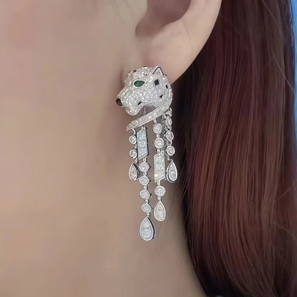 Winkin Winsin Brand Luxury Enamel Jaguar Leopard 925 Sterling Silver Tassel Earrings Jewelry Blue Gemstones Stud Drop Earrings