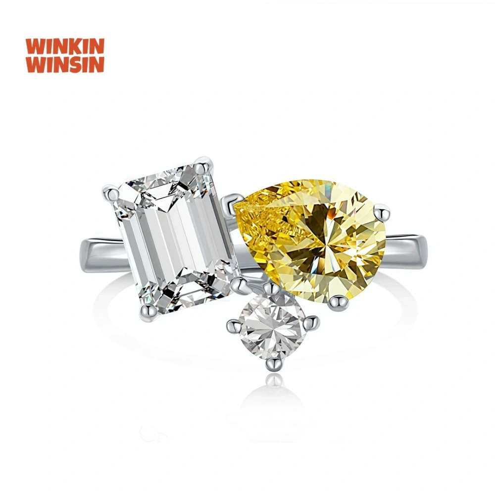 WINKIN WINSIN Brand MST 925 Sterling Silver Double Tone Artificial Gemstone High Carbon Diamond Water Droplet Ring Jewelry