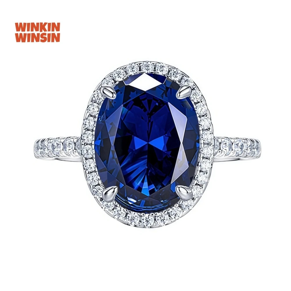 WINKIN WINSIN Brand 925 Sterling Silver Ring with High Carbon Diamond 3ct Pigeon Egg Shaped Synthetic Sapphire Rings Jewelry
