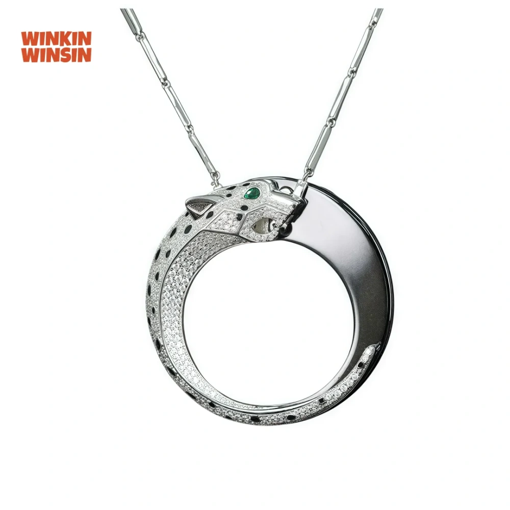WINKIN WINSIN Brand Carbon Diamond Double Sided Leopard Black Enamel Women Pendant 925 Sterling Silver Necklace Pendants Jewelry