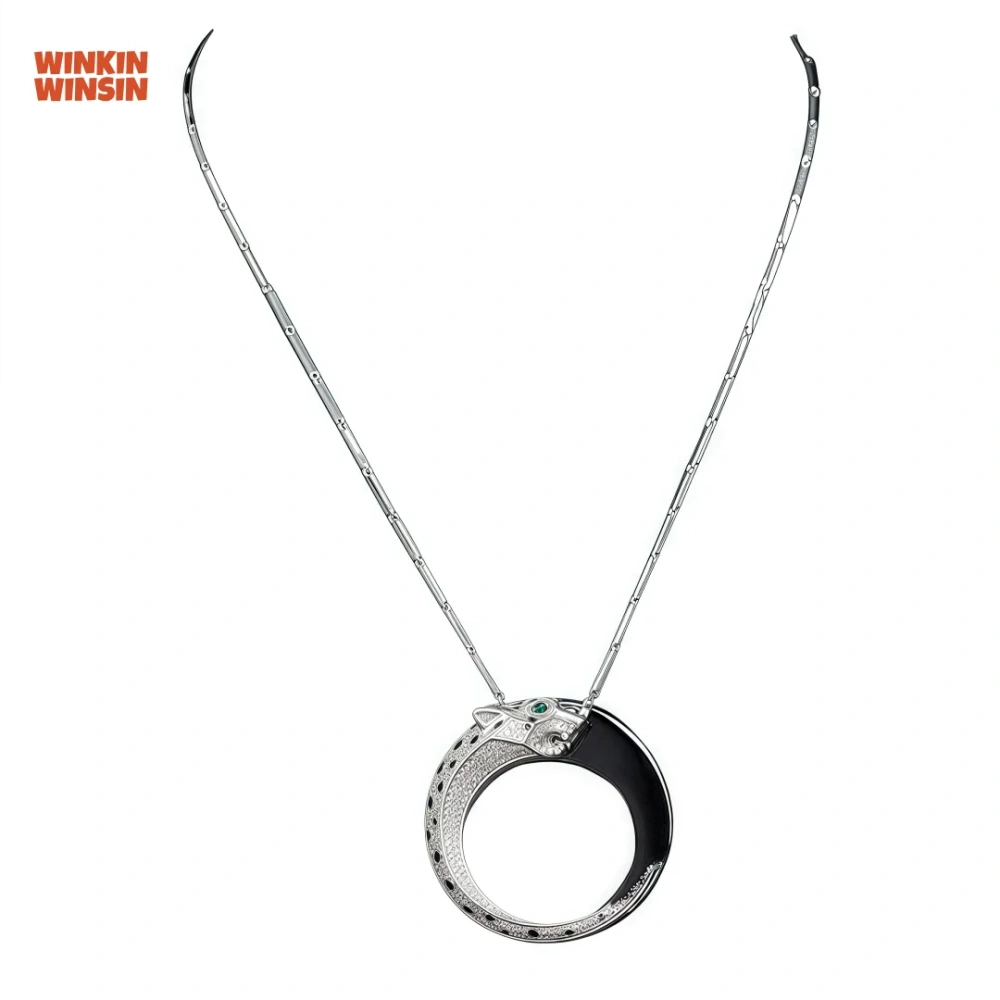 WINKIN WINSIN Brand Carbon Diamond Double Sided Leopard Black Enamel Women Pendant 925 Sterling Silver Necklace Pendants Jewelry