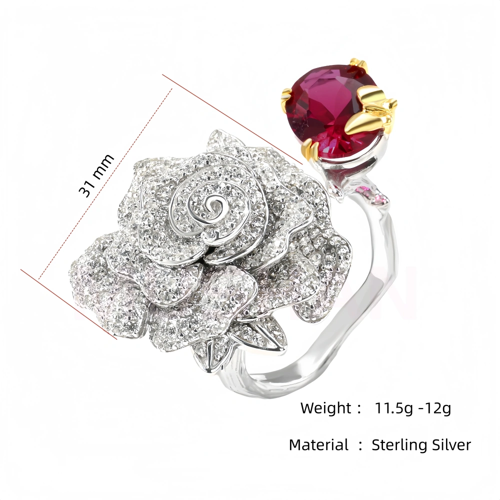 WINKIN WINSIN Brand MST 925 Sterling Silver Rose 18K Gold Plated Zircon Open Ring Lab Grown Gemstones Diamond Rings Fine Jewelry