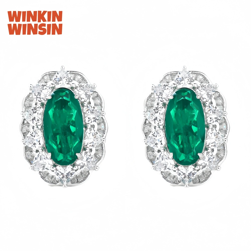 WINKIN WINSIN Brand MST 925 Sterling Silver Emerald Earrings Lab Grown Gemstones High Carbon Diamond Stud Earrings Jewelry