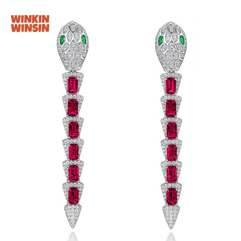 Winkin Winsin Lab Grown Emerald Ruby Gemstones Snake Earrings 925 Sterling Silver Tassel Stud Drop Earrings For Women Jewelry