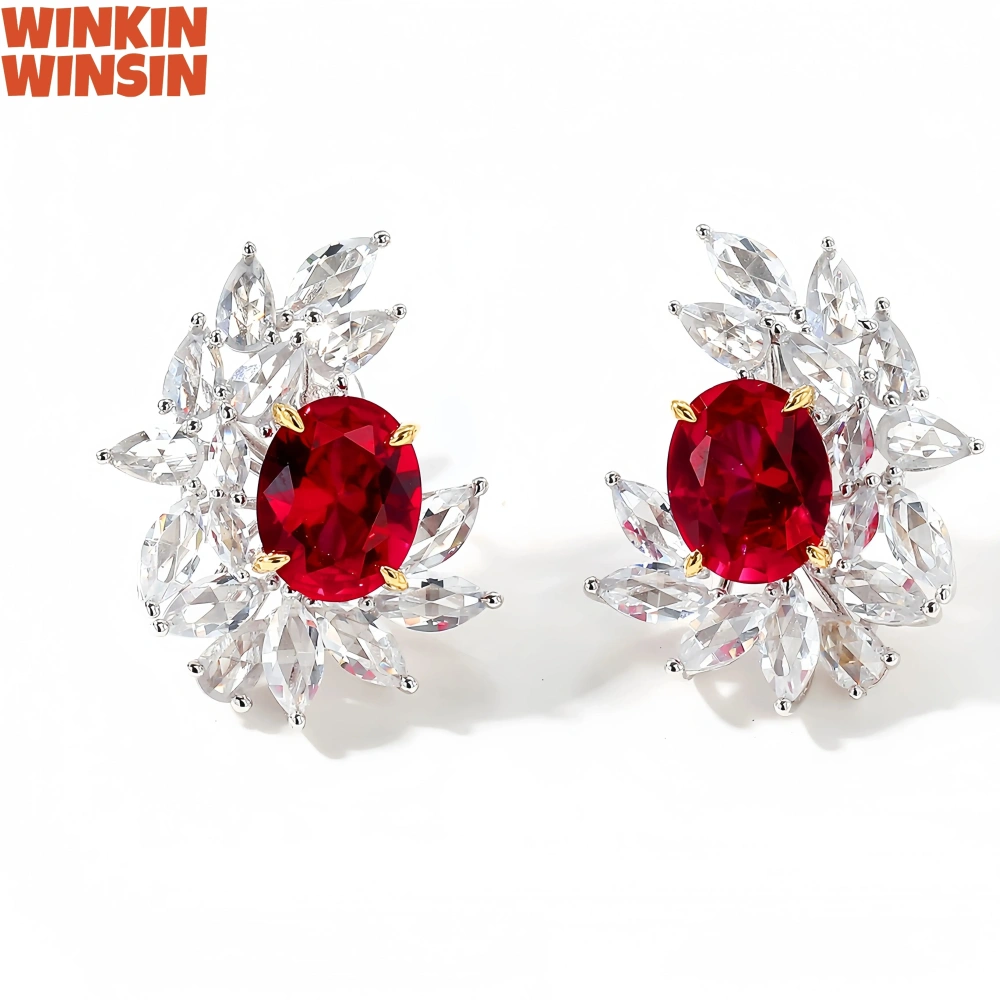 WINKIN WINSIN Brand MST 925 Sterling Silver Flower Earrings High Quality Lab Grown Gemstones Ruby Stud Earrings Jewelry