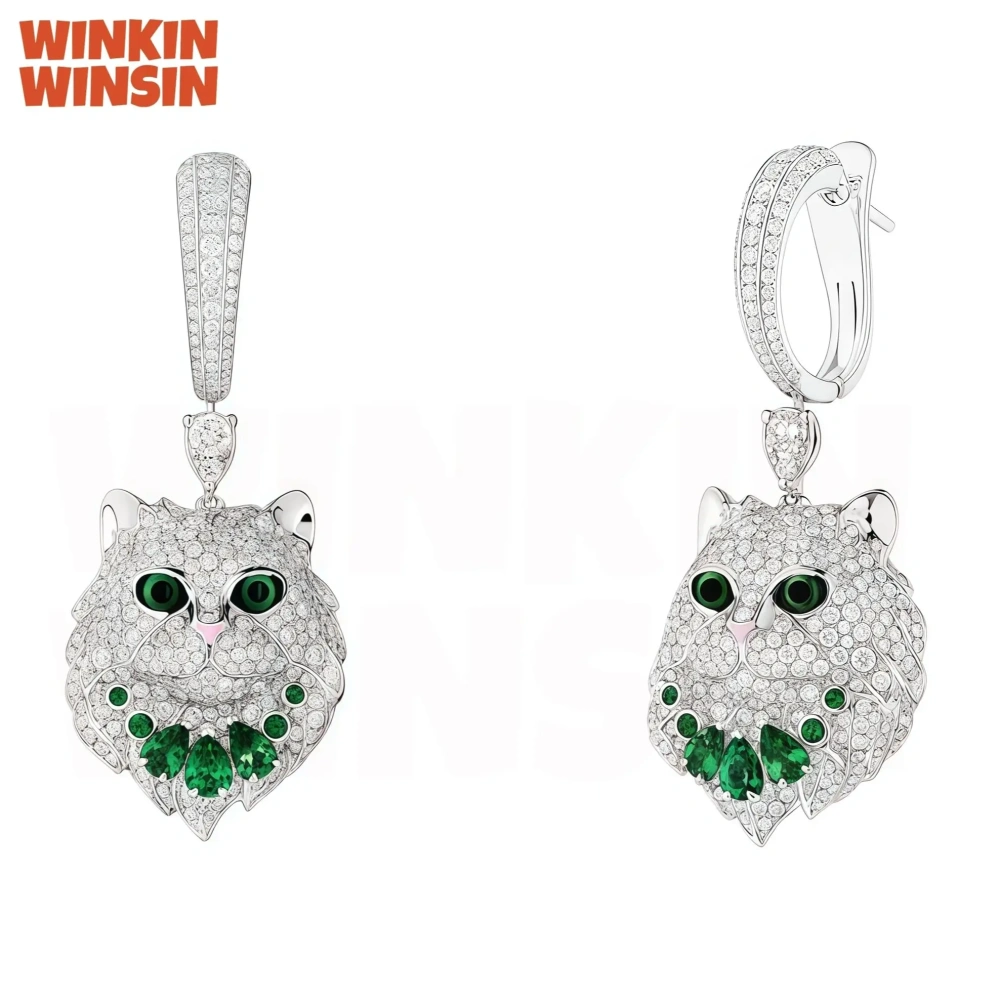WinkinWinsin Luxury Brand Drop Earrings S925 925 Sterling Silver Animal Face Cat Stud Earrings For Women Green Gemstones Jewelry
