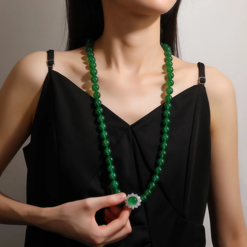 WINKIN WINSIN Brand MST Natural Green Agate Necklace S925 Silver Gold-Plated High Carbon Diamond 12mm Bead Necklace Jewelry