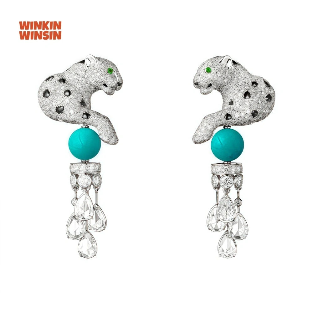 WinkinWinsin Brand s 925 Sterling Silver Leopard Earrings Carbon Diamond Blue Turquoise Gemstones Tassel Drop Earrings Jewelry
