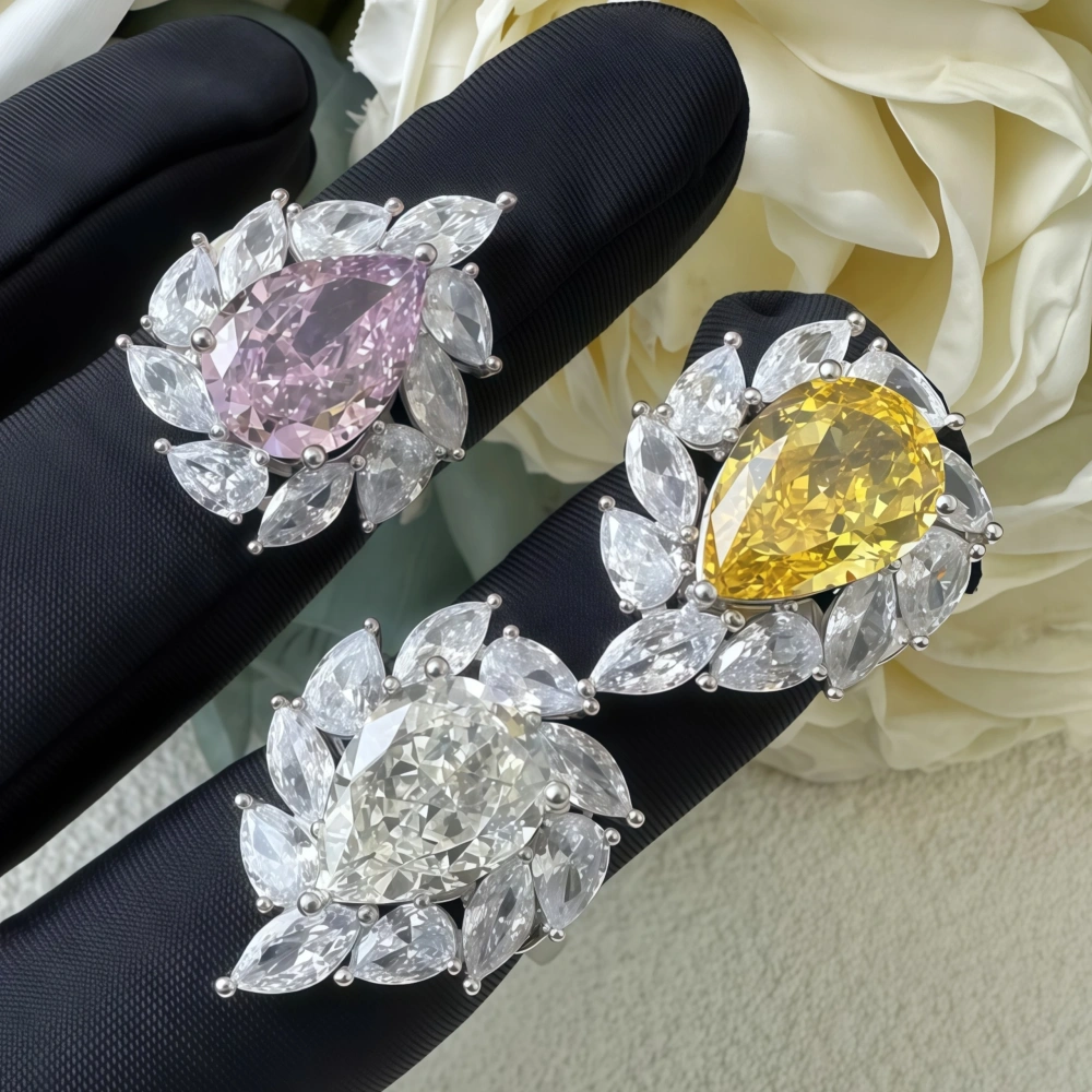 WINKIN WINSIN Brand MST 925 Sterling Silver Fashion 12.8 ct Artificial Gemstone High Carbon Diamond Water Droplet Ring Jewelry
