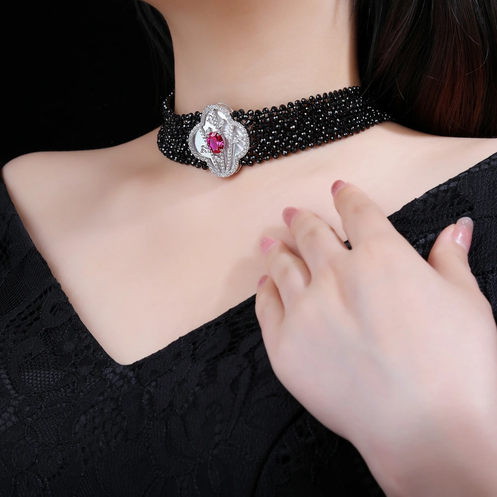 WINKIN WINSIN Brand MST High Quality Collar Choker Necklace 925 Sterling Silver Black Pointed Crystal Multi Layer Necklace