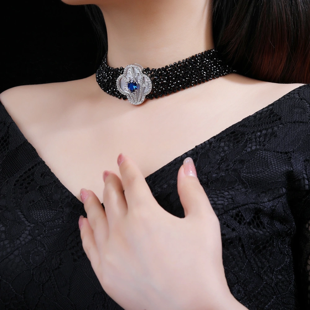 WINKIN WINSIN Brand MST High Quality Collar Choker Necklace 925 Sterling Silver Black Pointed Crystal Multi Layer Necklace