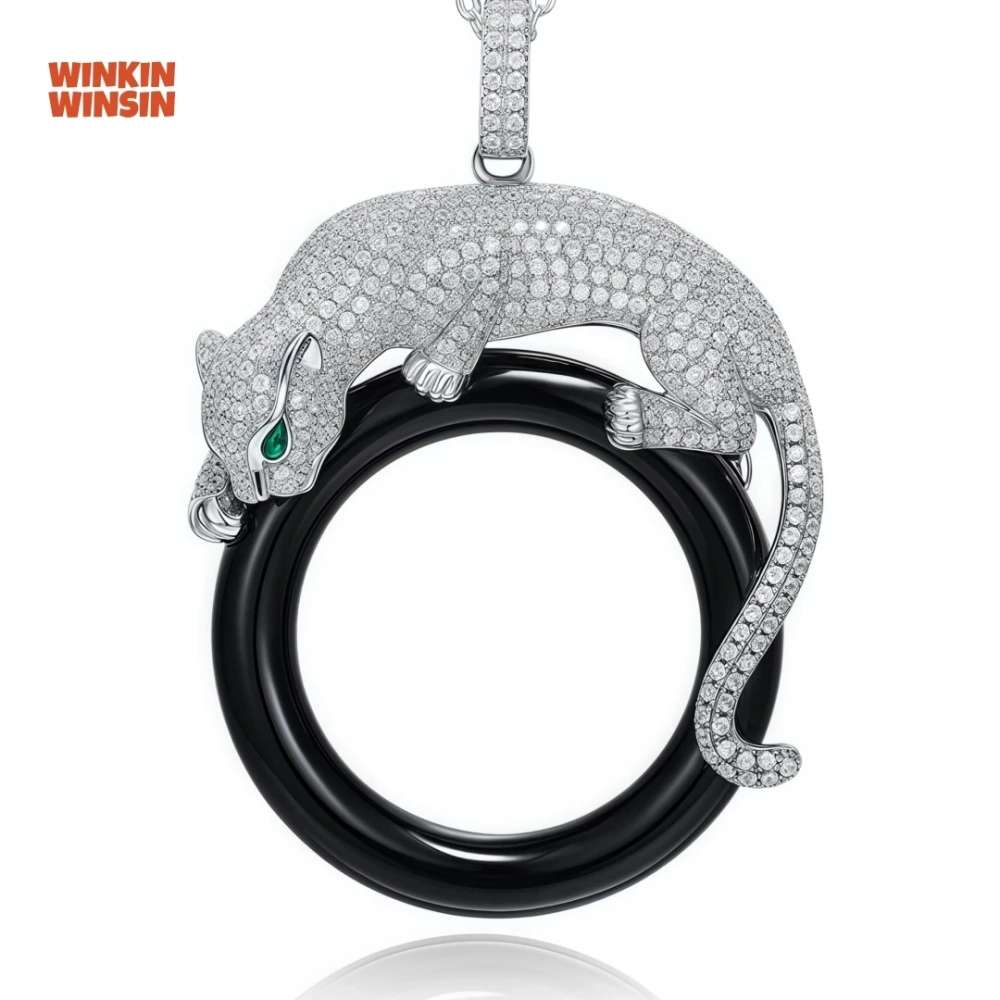 WINKIN WINSIN Brand Carbon Diamond Cheetah Enamel Gemstones Women Leopard Pendant 925 Sterling Silver Necklace Pendants Jewelry