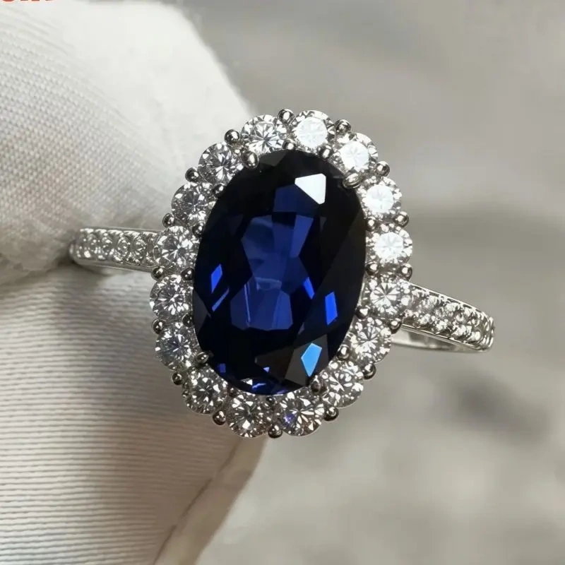 WINKIN WINSIN Brand MST 925 Sterling Silver Lab Grown Gemstones 4.4 Carat Elliptical Artificial Sapphire Diamond Rings Jewelry
