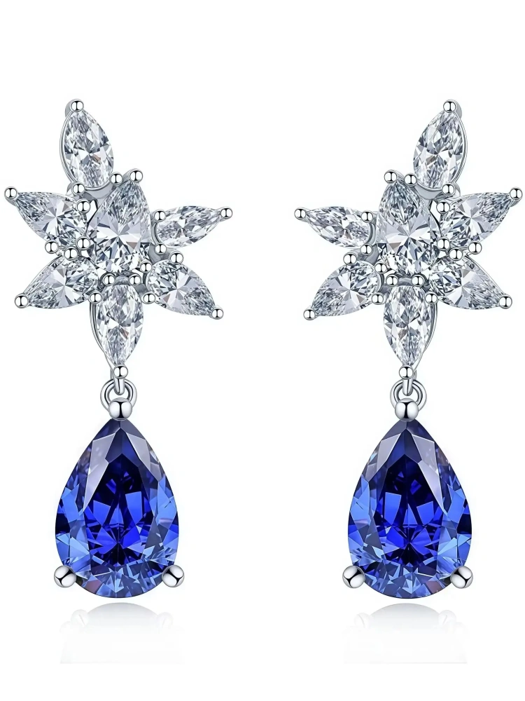 Winkin Winsin Brand Real 925 Sterling Silver Stud Earrings For Women High Carbon Diamond Blue Gemstones Drop Earring Jewelry
