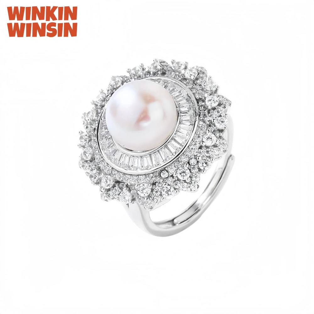 WINKIN WINSIN Brand MST 925 Sterling Silver Natural Pearl Open Ring Lab Grown High Carbon Diamond Rings Jewelry