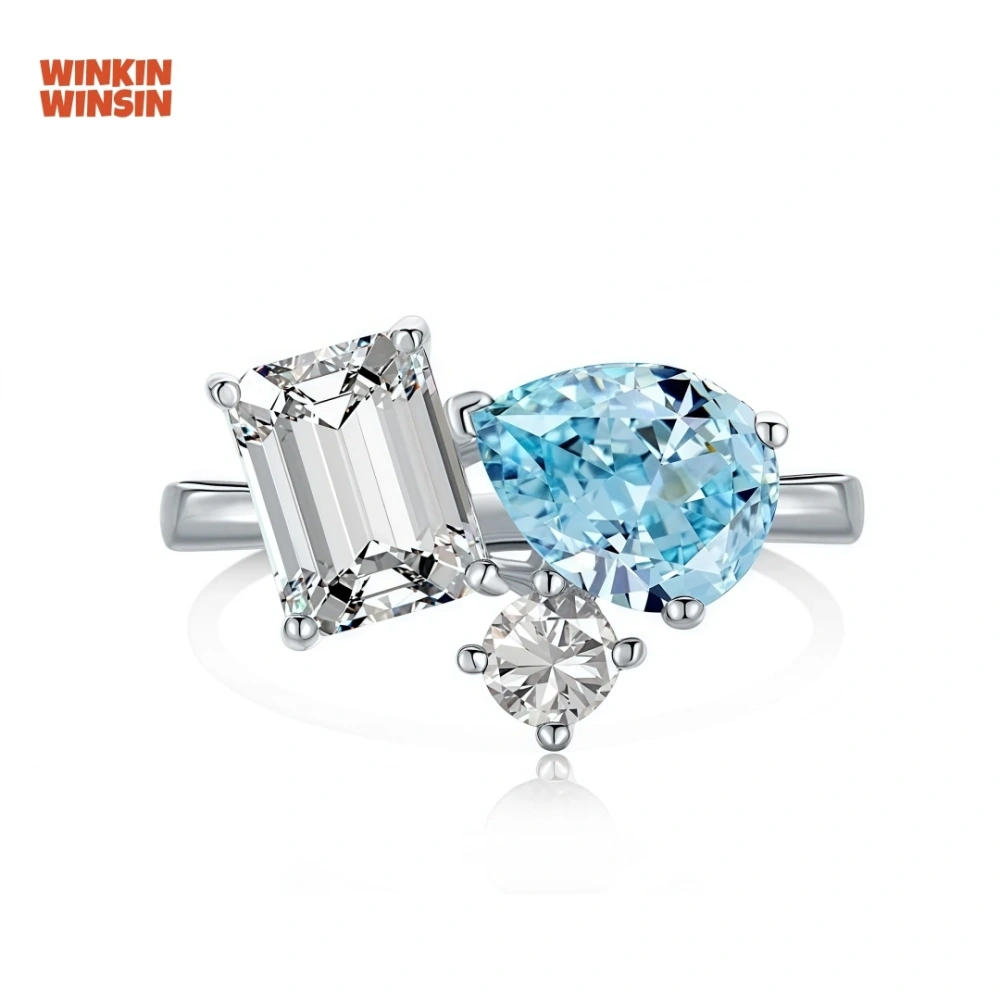 WINKIN WINSIN Brand MST 925 Sterling Silver Double Tone Artificial Gemstone High Carbon Diamond Water Droplet Ring Jewelry