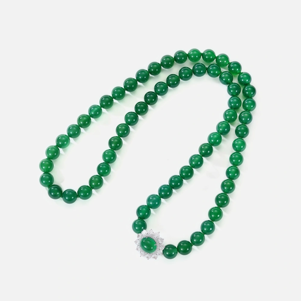 WINKIN WINSIN Brand MST Natural Green Agate Necklace S925 Silver Gold-Plated High Carbon Diamond 12mm Bead Necklace Jewelry