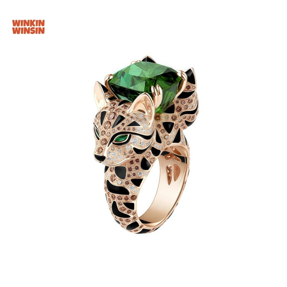 WINKIN WINSIN Brand 925 Sterling Silver Gold Plated Ring with High Carbon Diamond Double Headed Leopard Cat Wood Sasa Green Ring