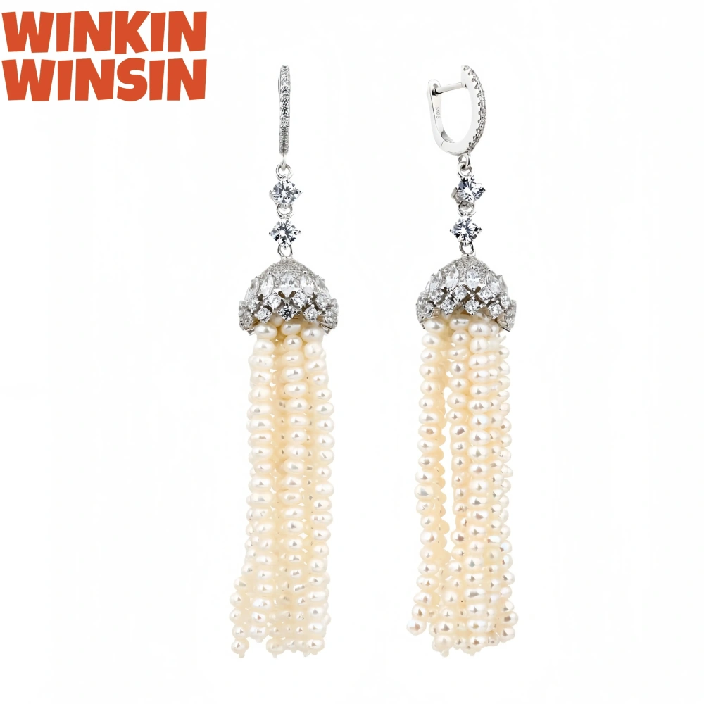 Winkin Winsin Brand MST Top Quality 925 Sterling Silver Natural Freshwater Pearl Tassel Stud Drop Earrings For Women Jewelry