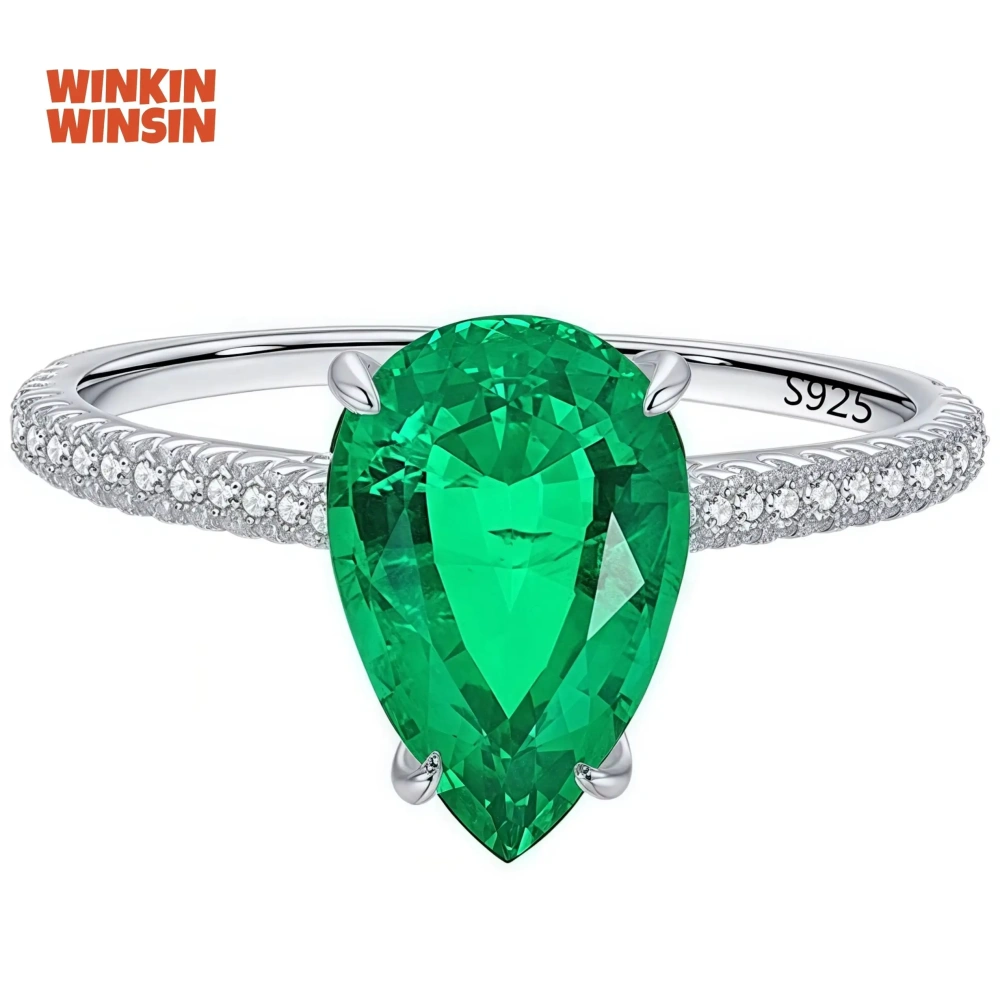 WINKIN WINSIN Brand MST 925 Sterling Silver 2.4ct Emerald Lab Grown Gemstones High Carbon Diamond Water Drop Rings Fine Jewelry