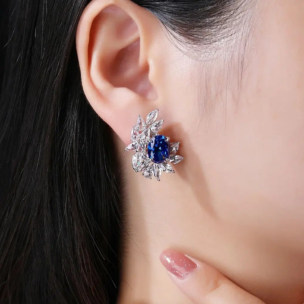 WINKIN WINSIN Brand MST 925 Sterling Silver Flower Earrings High Quality Lab Grown Blue Gemstones Stud Earrings Jewelry