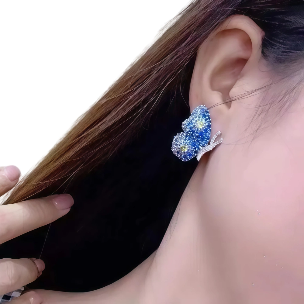 WINKIN WINSIN Luxury 925 Sterling Silver Stud Earrings For Women High Carbon Diamond Pink Blue Butterfly Earrings Stud Jewelry