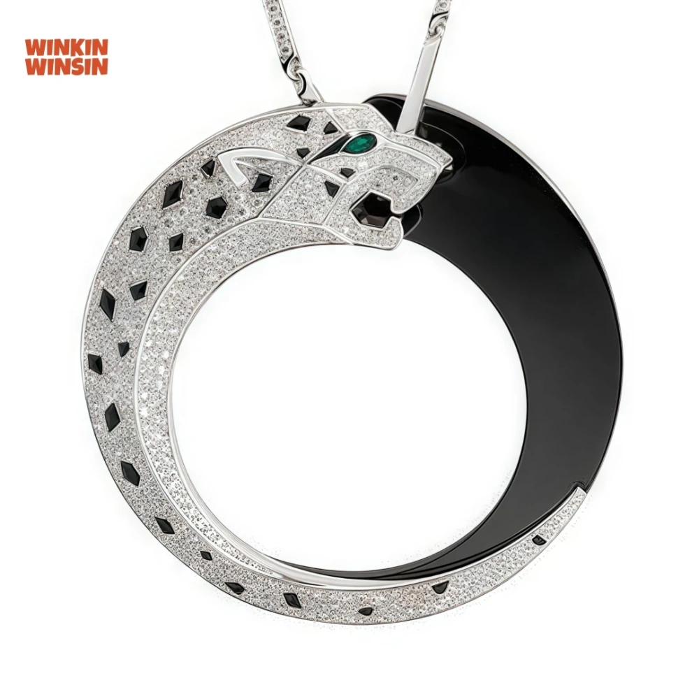 WINKIN WINSIN Brand Carbon Diamond Double Sided Leopard Black Enamel Women Pendant 925 Sterling Silver Necklace Pendants Jewelry