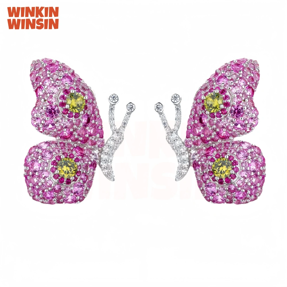 WINKIN WINSIN Luxury 925 Sterling Silver Stud Earrings For Women High Carbon Diamond Pink Blue Butterfly Earrings Stud Jewelry