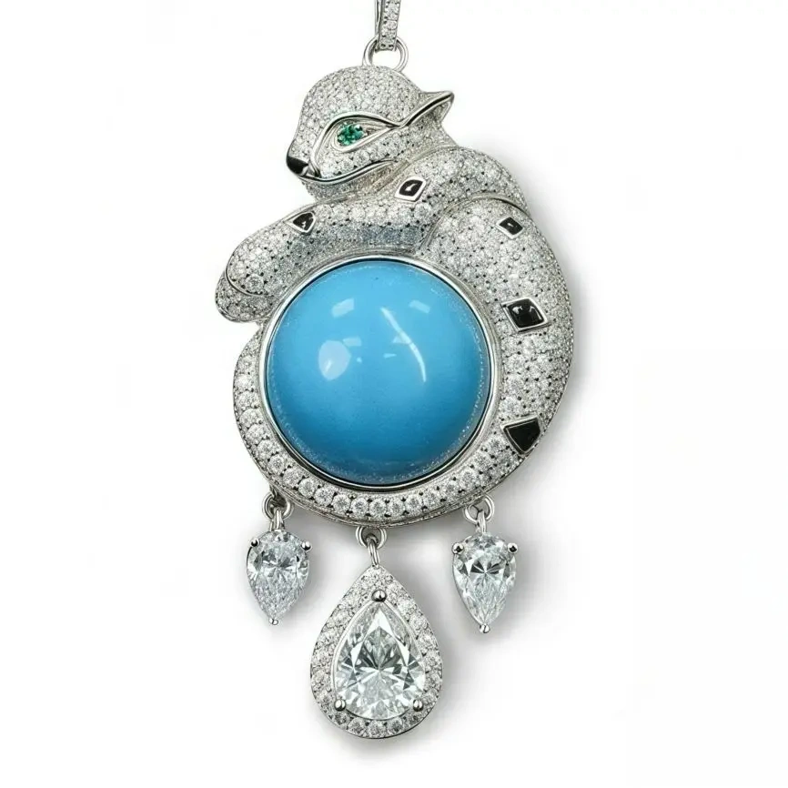 WinkinWinsin Brand 925 Sterling Silver Necklace Pendants Blue Turquoise Gemstones Cheetah Leopard Pendant Necklace Jewelry Women