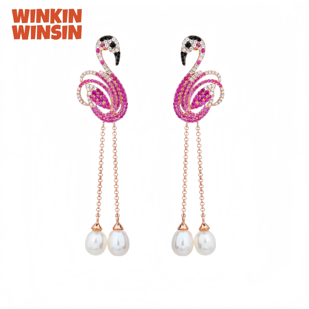 Winkin Winsin Brand MST 925 Sterling Silver Flamingo Natural Freshwater Pearl Tassel Stud Drop Earrings For Women Fine Jewelry