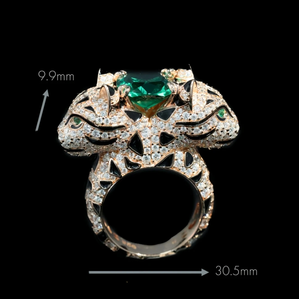 WINKIN WINSIN Brand 925 Sterling Silver Gold Plated Ring with High Carbon Diamond Double Headed Leopard Cat Wood Sasa Green Ring