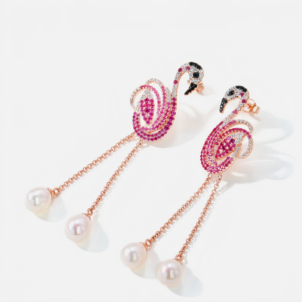 Winkin Winsin Brand MST 925 Sterling Silver Flamingo Natural Freshwater Pearl Tassel Stud Drop Earrings For Women Fine Jewelry