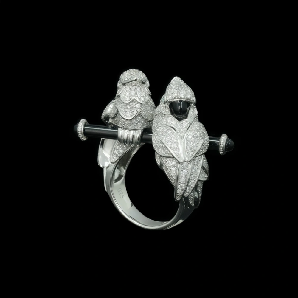 WINKIN WINSIN Brand MST 925 Sterling Silver Double Headed Parrot Enamel Luxury Ring For Women High Quality Zircon Gemstones Ring